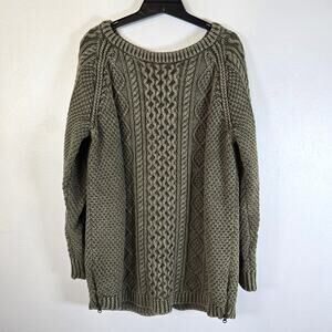 L.L.Bean Signature Fisherman Tunic Sweater Women's L Green Cable Knit Gorpcore